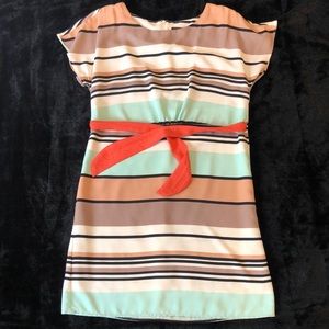 Multi-Color Short Sleeve Dress with Attached Belt